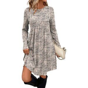 Ofeefan Women Beige Crew Neck Long Sleeve Empire Waist Dress with Pockets
